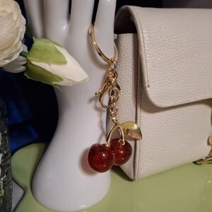 Gold and Red Cherry Keychain Bag Charm Purse Jewelry